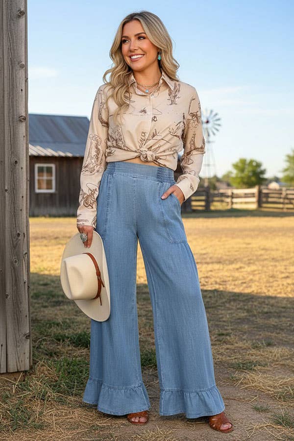 Western soft denim wide leg women's boutique jeans XCH17284