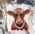 Western Glam Cow Graphic Tee – Leopard Glasses & Rhinestone