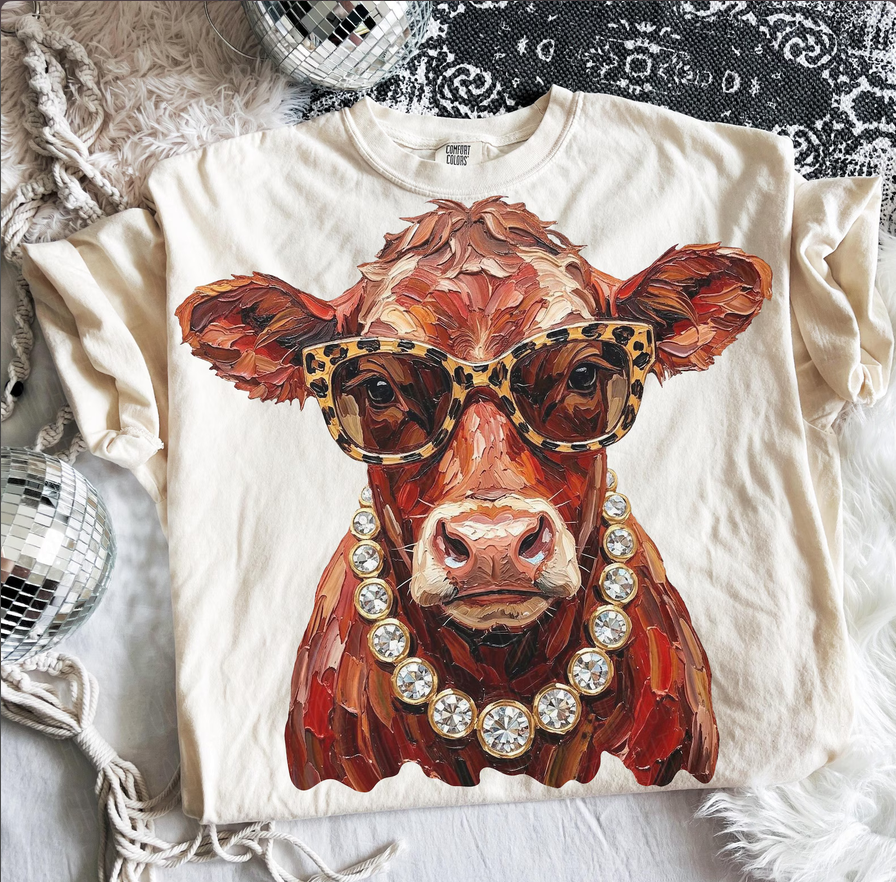 Western Glam Cow Graphic Tee – Leopard Glasses & Rhinestone