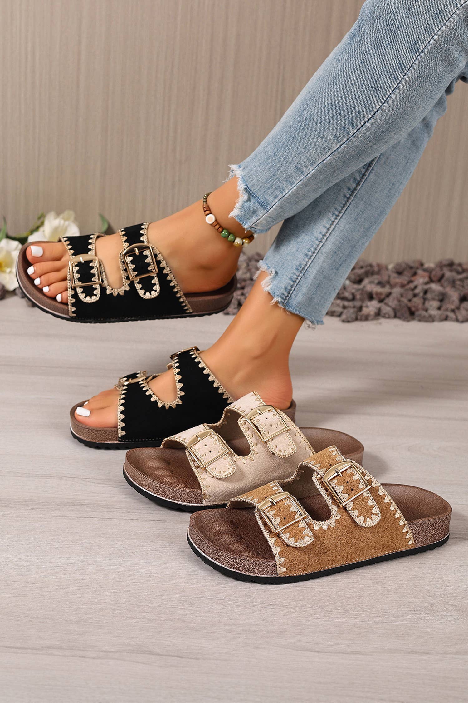 LDC Embroidered Trim Retro Buckle Faux Suede Slippers