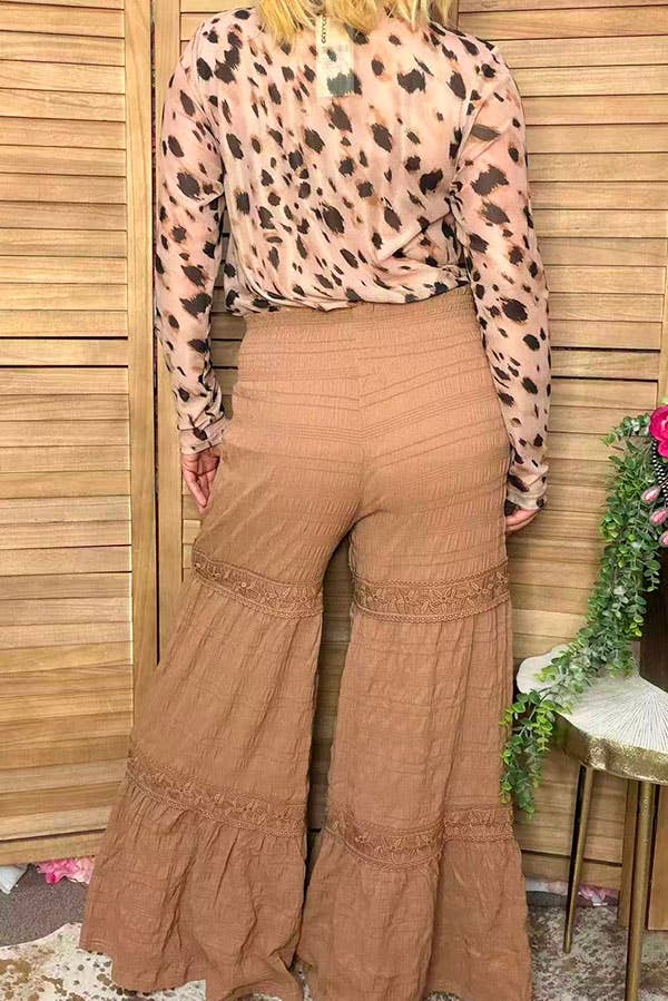 Western solid tan wide leg women's boutique pant XCH17318