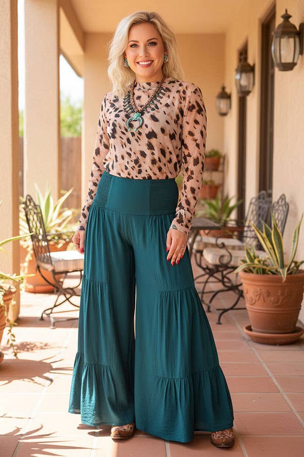 Western teal tiered wide leg women's boutique pant XCH17474