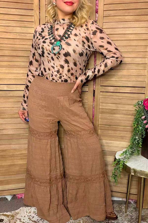 Western solid tan wide leg women's boutique pant XCH17318