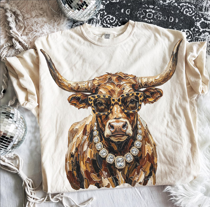 Glam Longhorn Graphic Tee – Leopard Glasses & Rhinestone