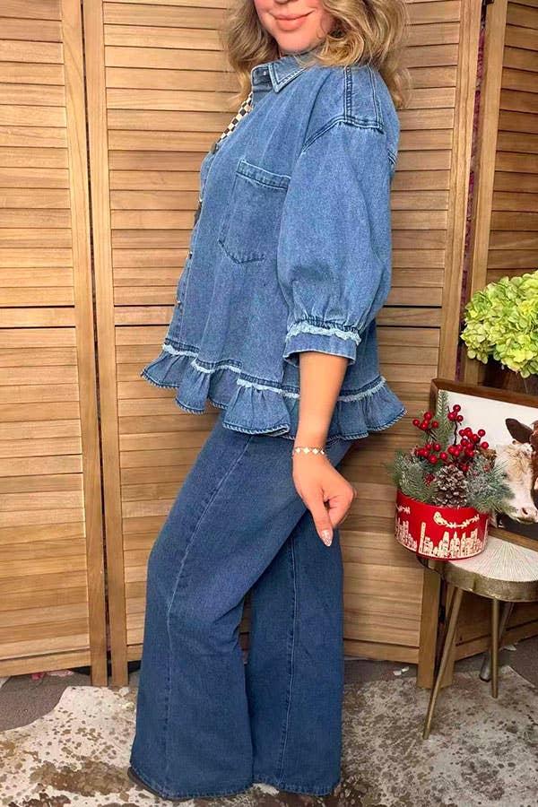Western Denim Blue Ruffled Women's Boutique Coat XCH17579