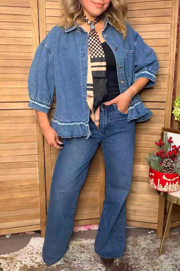 Western Denim Blue Ruffled Women's Boutique Coat XCH17579