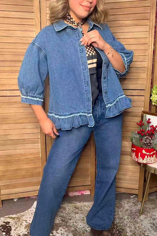 Western Denim Blue Ruffled Women's Boutique Coat XCH17579