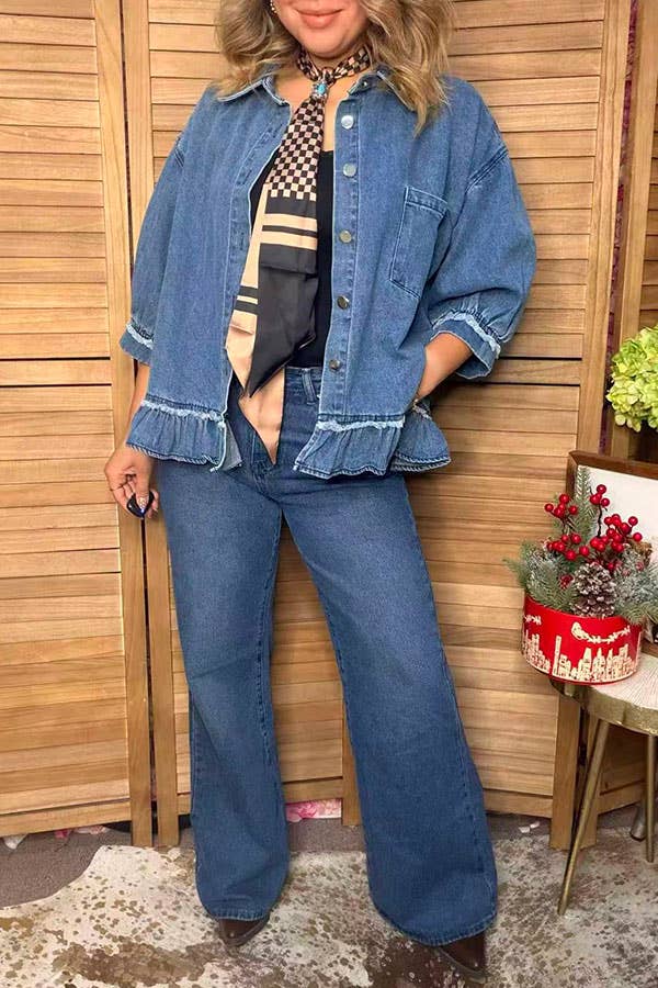 Western Denim Blue Ruffled Women's Boutique Coat XCH17579