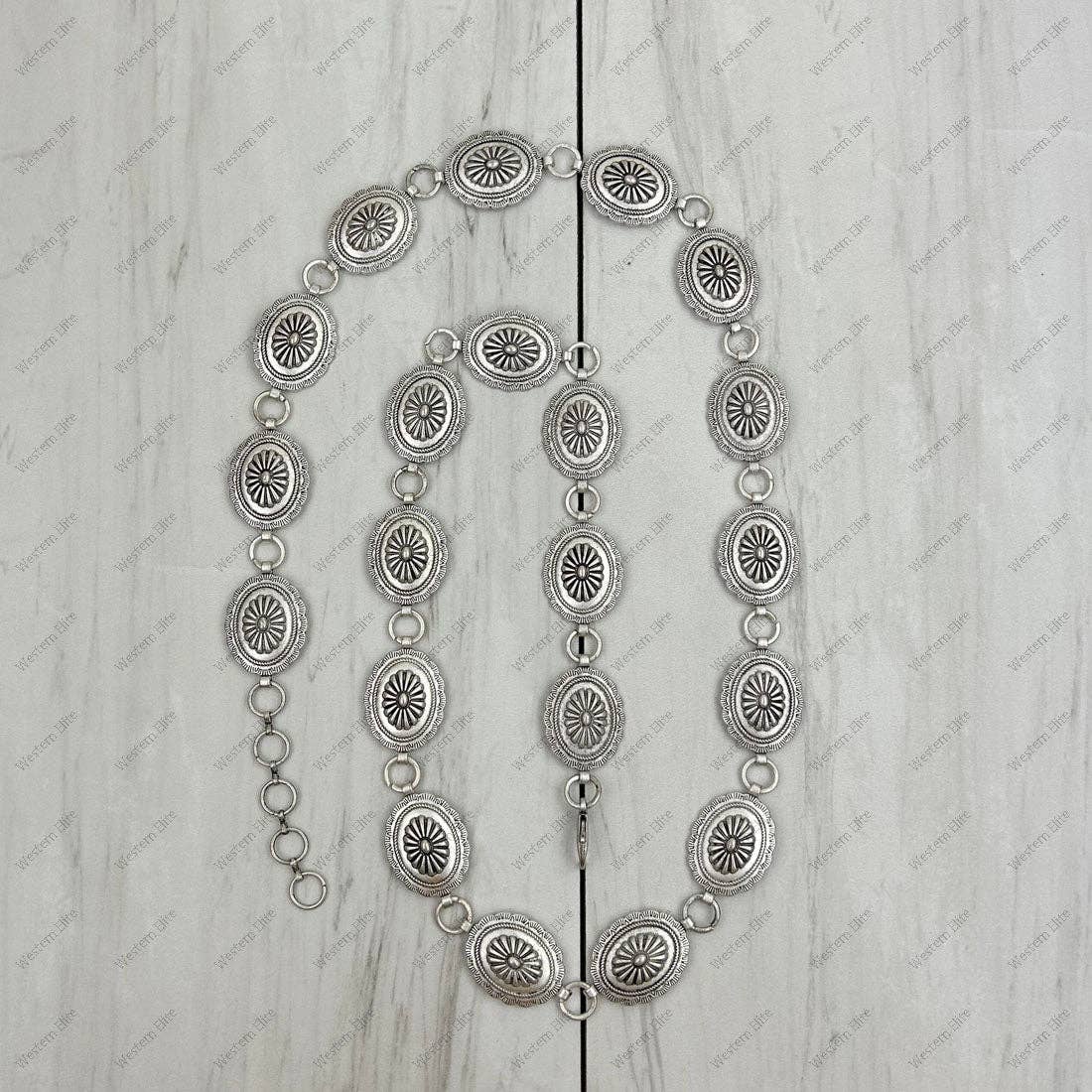 BLT220630-01-SILVER        39 Inches long silver metal flower conchos adjustable chain belt