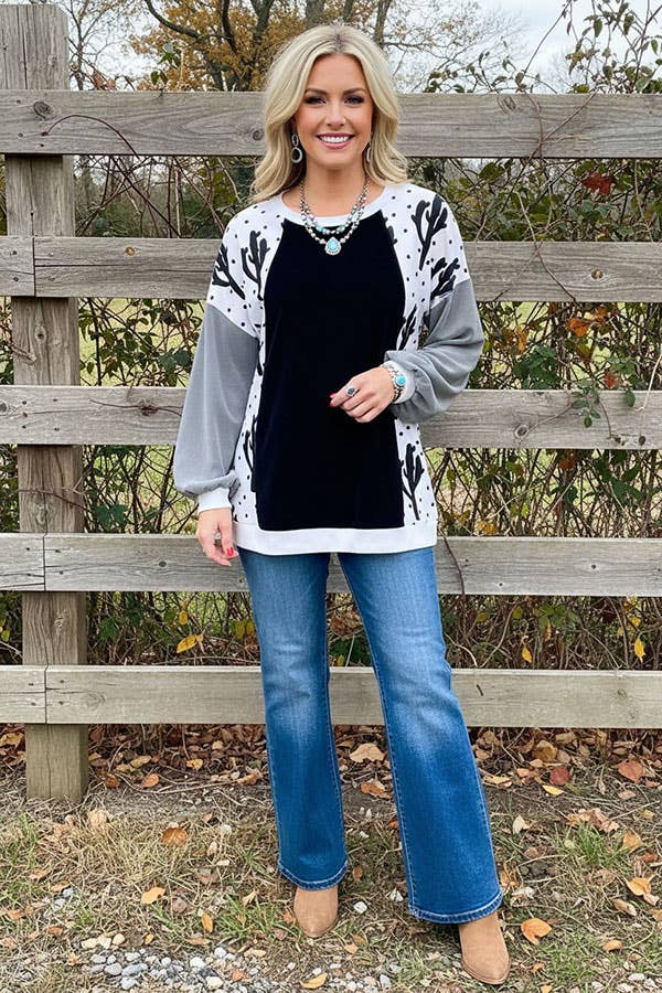 Western Cactus & dots & black women's boutique top BQ15021