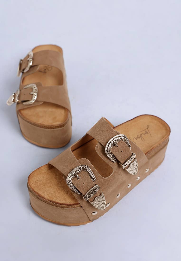Faux Leather Flatform Slip Ons Taupe