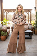 Western solid tan wide leg women's boutique pant XCH17318