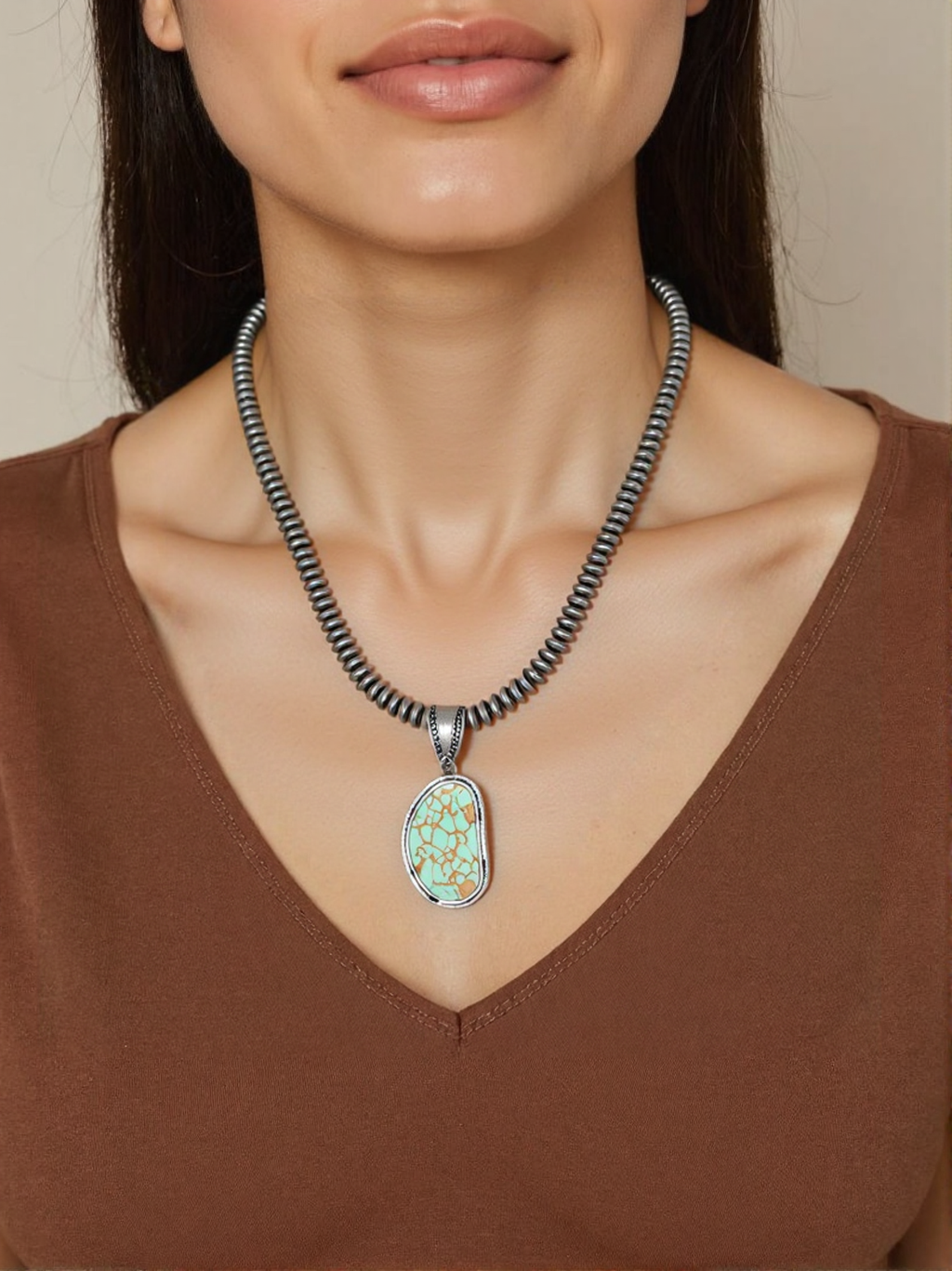 NKS230529-01-GREEN     "21 inches silver roundel Navajo pearl bead with  green stone pendent Necklace"
