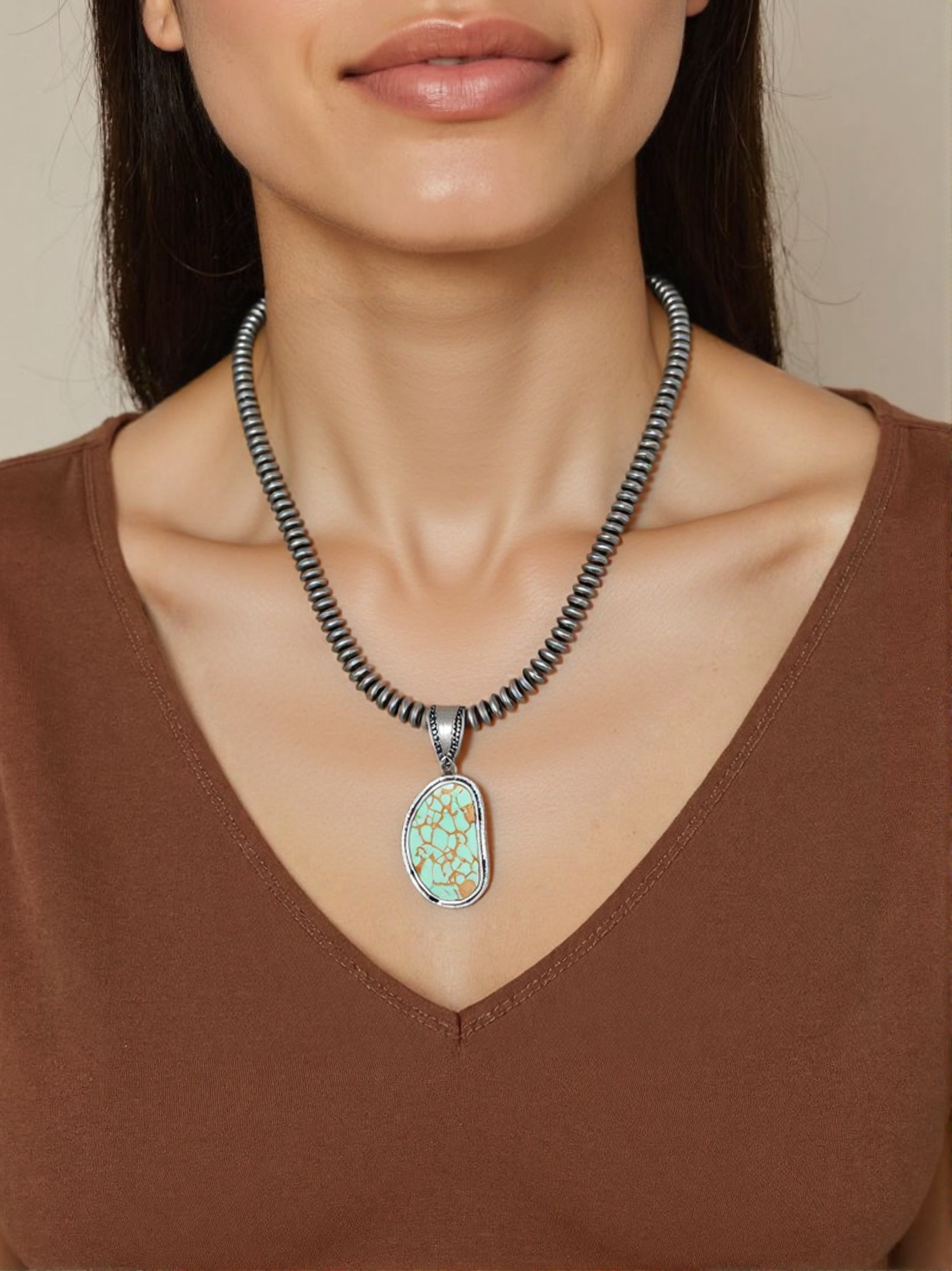 NKS230529-01-GREEN     "21 inches silver roundel Navajo pearl bead with  green stone pendent Necklace"