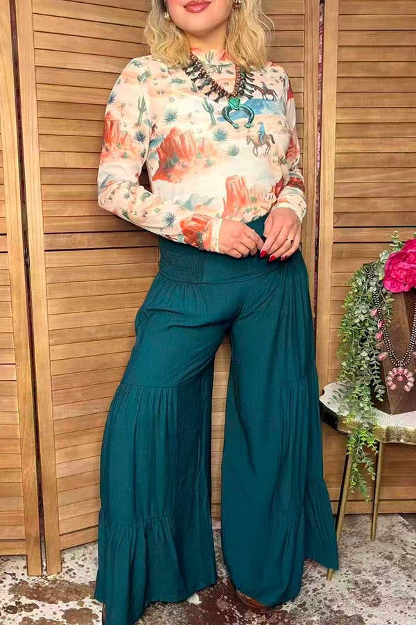 Western teal tiered wide leg women's boutique pant XCH17474