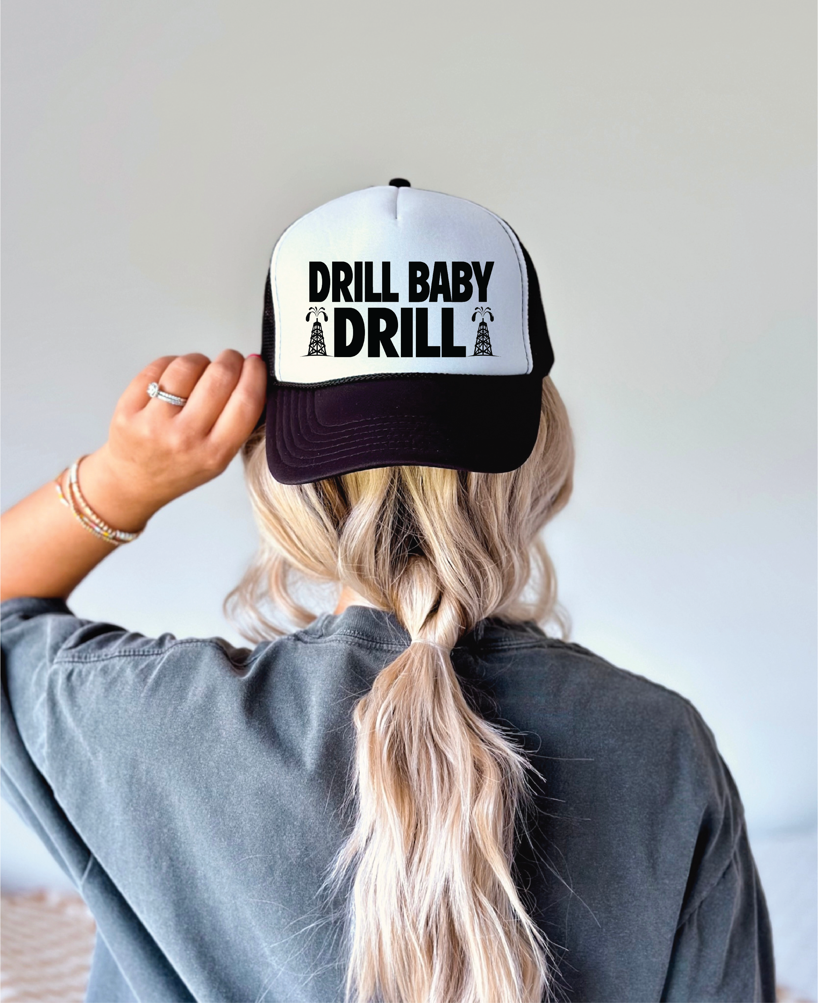 Drill Baby Drill Black and white foam trucker hat