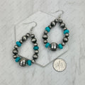 Silver Navajo pearl with blue roundel turquoise stone teardrop Earrings