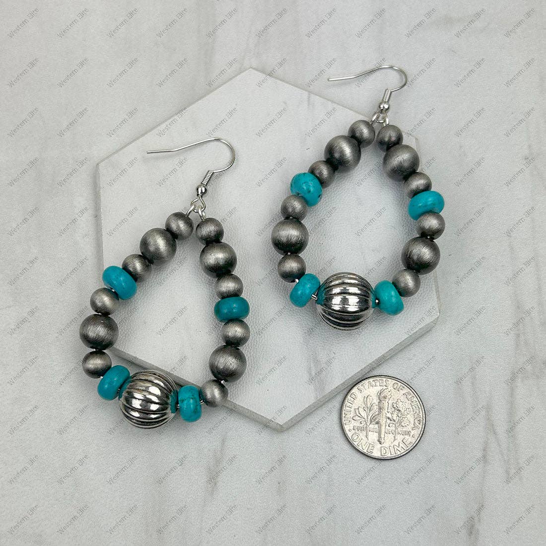 Silver Navajo pearl with blue roundel turquoise stone teardrop Earrings