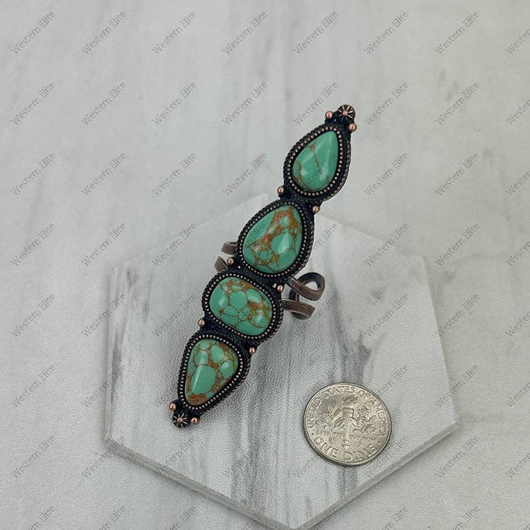 RGY231205-01CP-GRN                 Copper metal with green turquoise stone long bar Ring