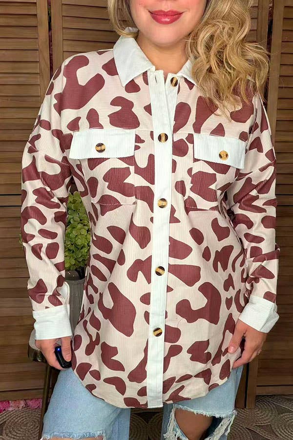 Western brown cow long sleeve womens boutique shirt GJQ14253