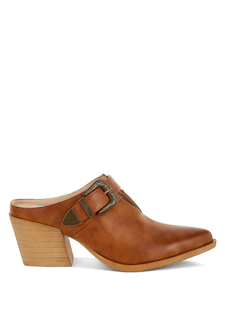 Buckle Statement Mules  - Tan
