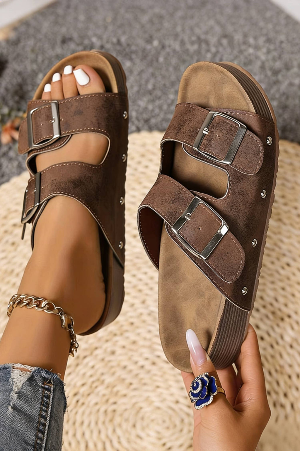 Retro Double Buckle PU Leather Faux Suede Platform Slippers
