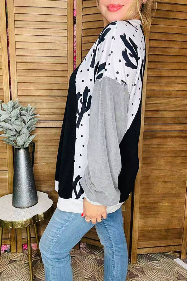 Western Cactus & dots & black women's boutique top BQ15021