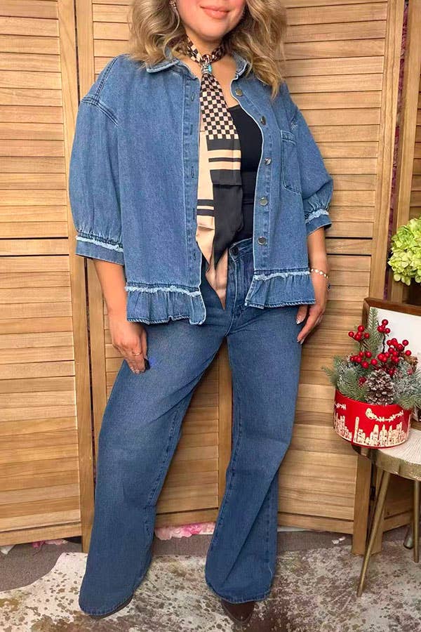 Western Denim Blue Ruffled Women's Boutique Coat XCH17579
