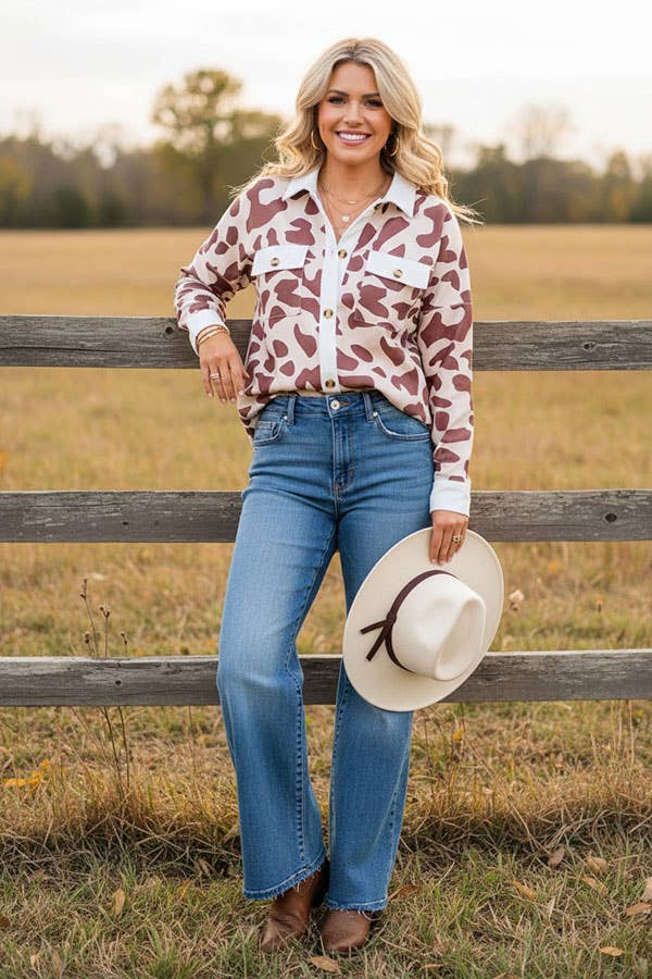 Western brown cow long sleeve womens boutique shirt GJQ14253