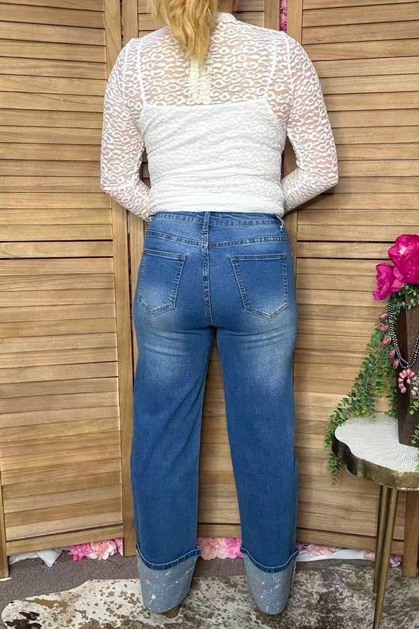 Western denim blue rhinestone women's boutique jeans S027
