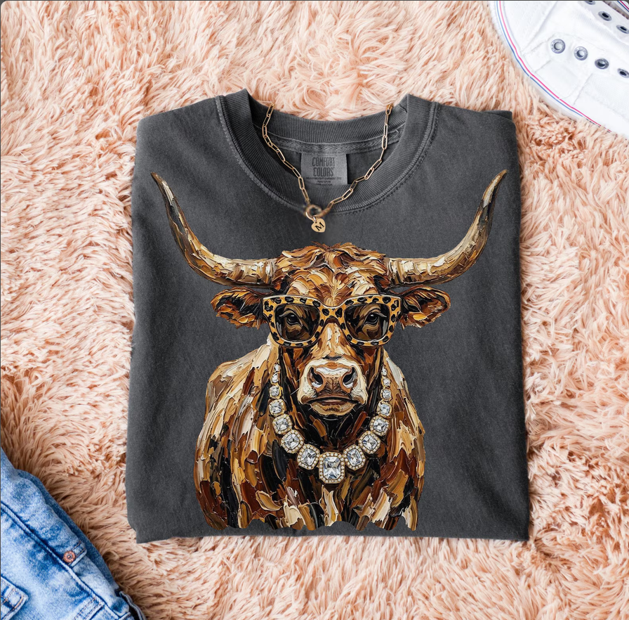 Glam Longhorn Graphic Tee – Leopard Glasses & Rhinestone
