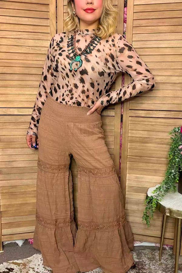 Western solid tan wide leg women's boutique pant XCH17318