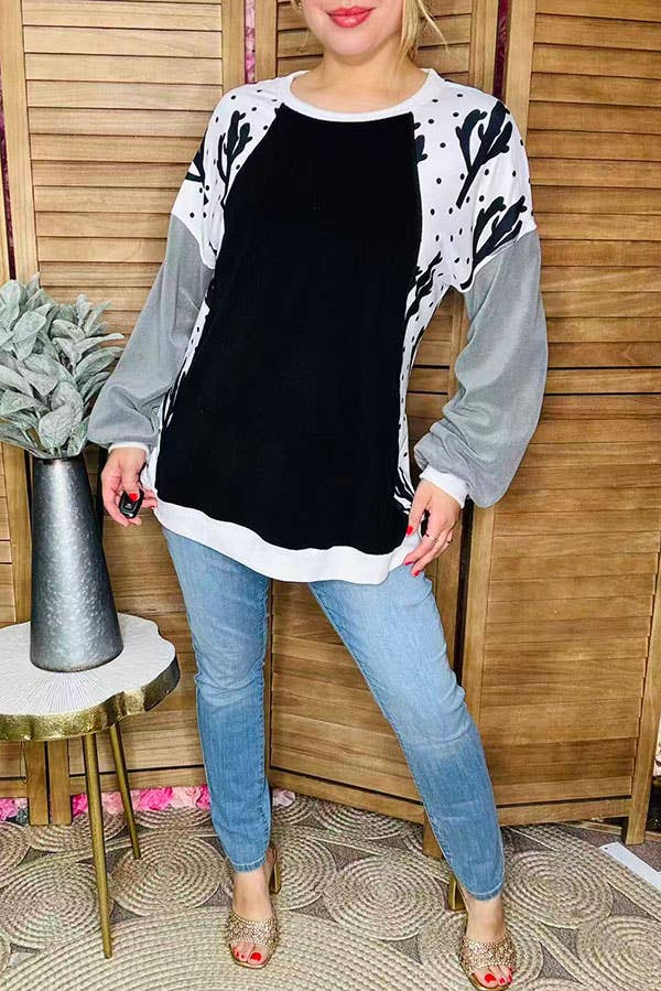 Western Cactus & dots & black women's boutique top BQ15021