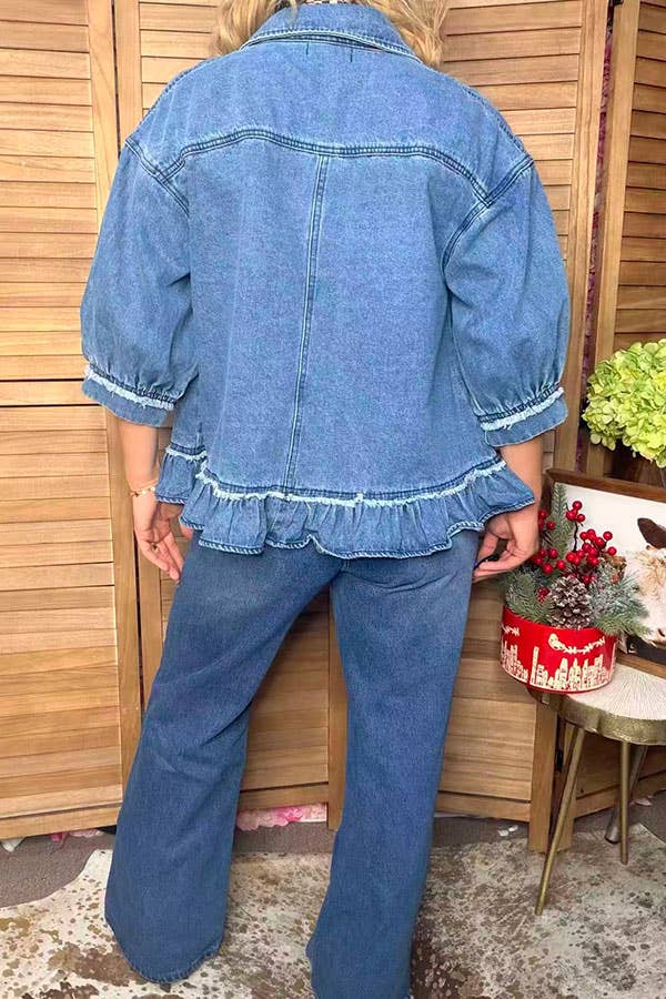 Western Denim Blue Ruffled Women's Boutique Coat XCH17579