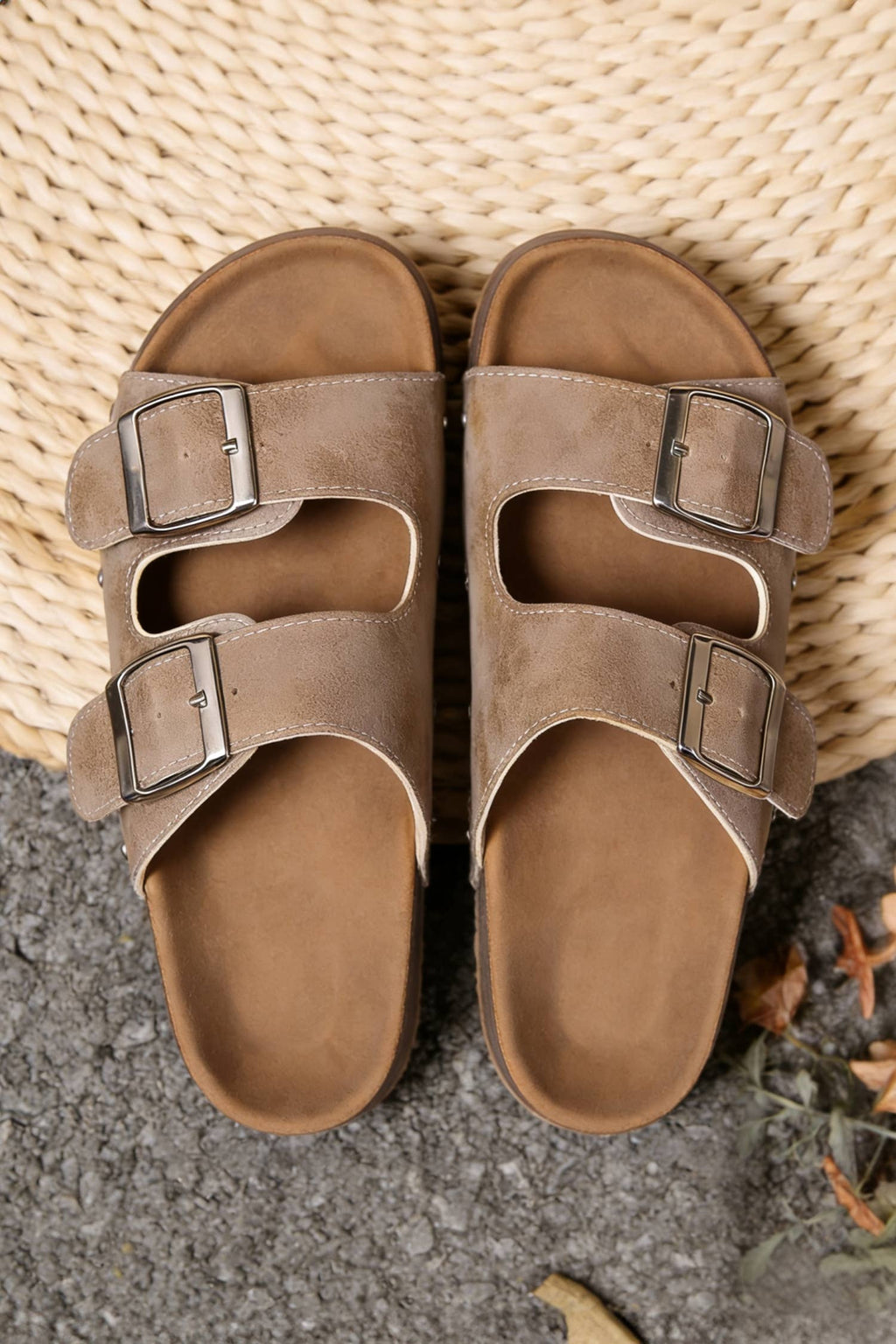 Retro Double Buckle PU Leather Faux Suede Platform Slippers