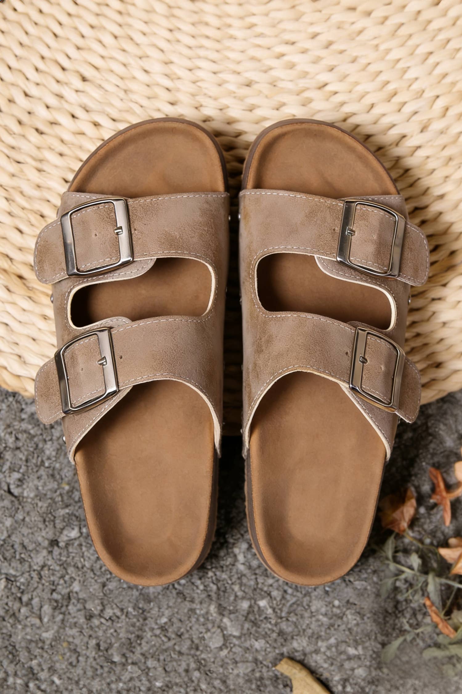 Retro Double Buckle PU Leather Faux Suede Platform Slippers