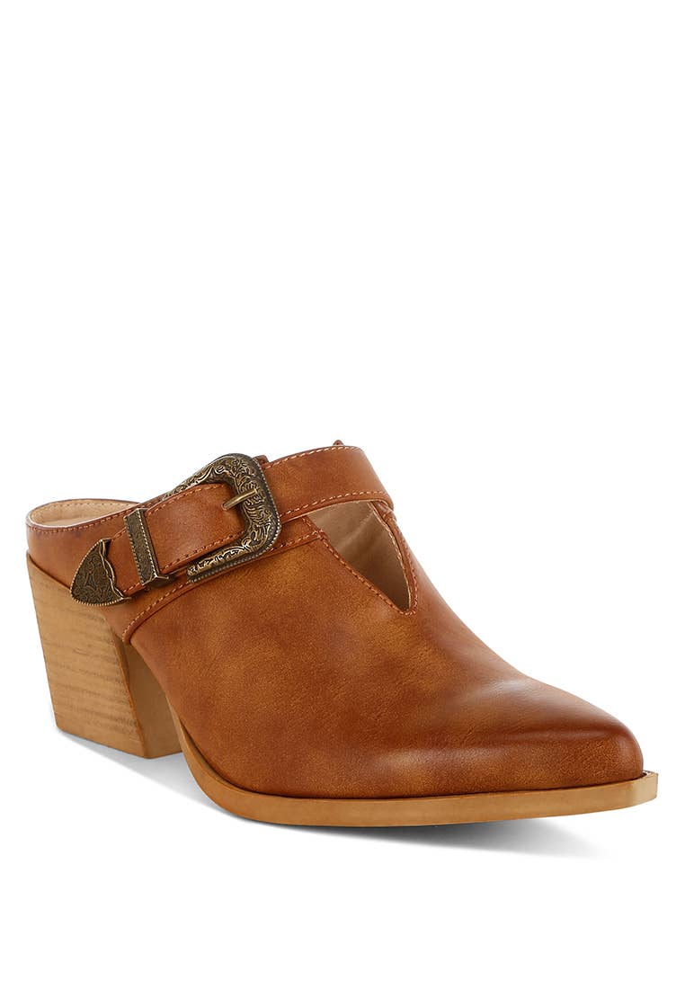 Buckle Statement Mules  - Tan