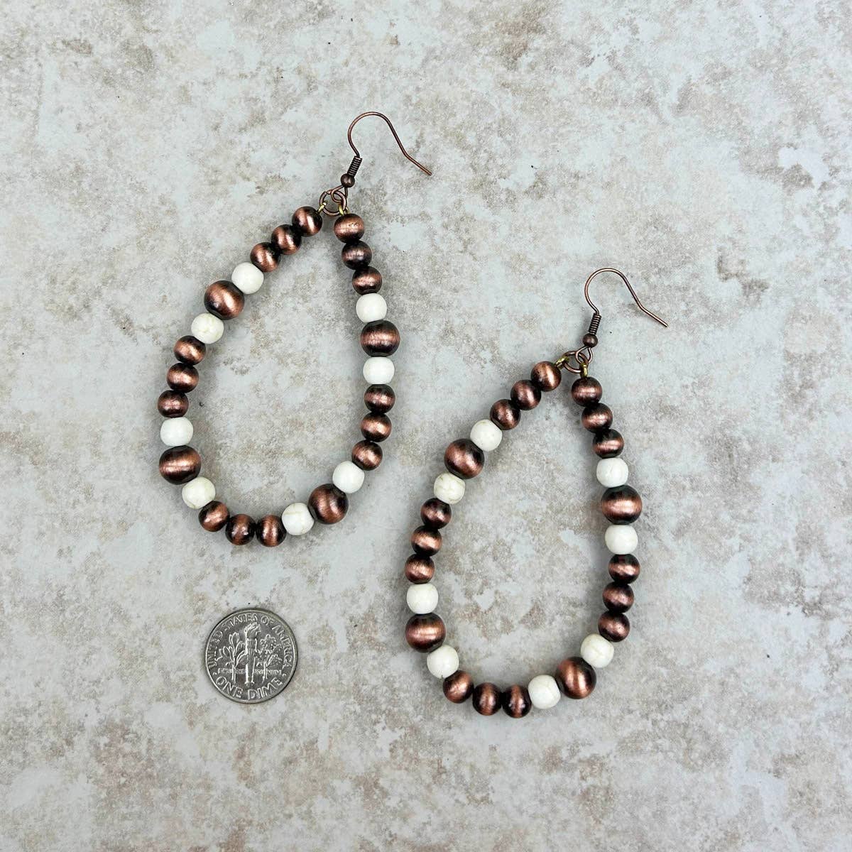 ERS230617-02-WHITE     Cooper Navajo pearl with white stone teardrop Earrings