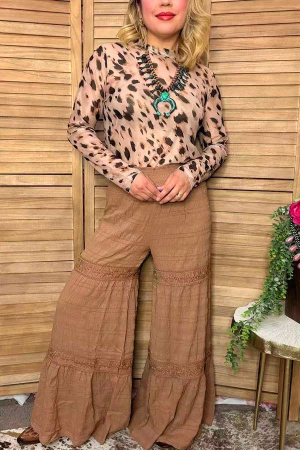 Western solid tan wide leg women's boutique pant XCH17318