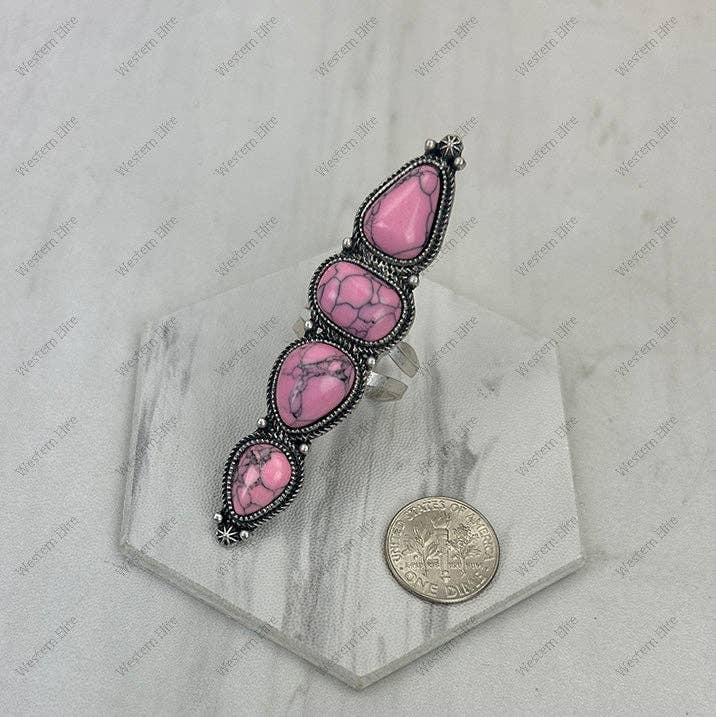 RGY231205-01SL-LP                     Silver metal with light pink turquoise stone long bar Ring