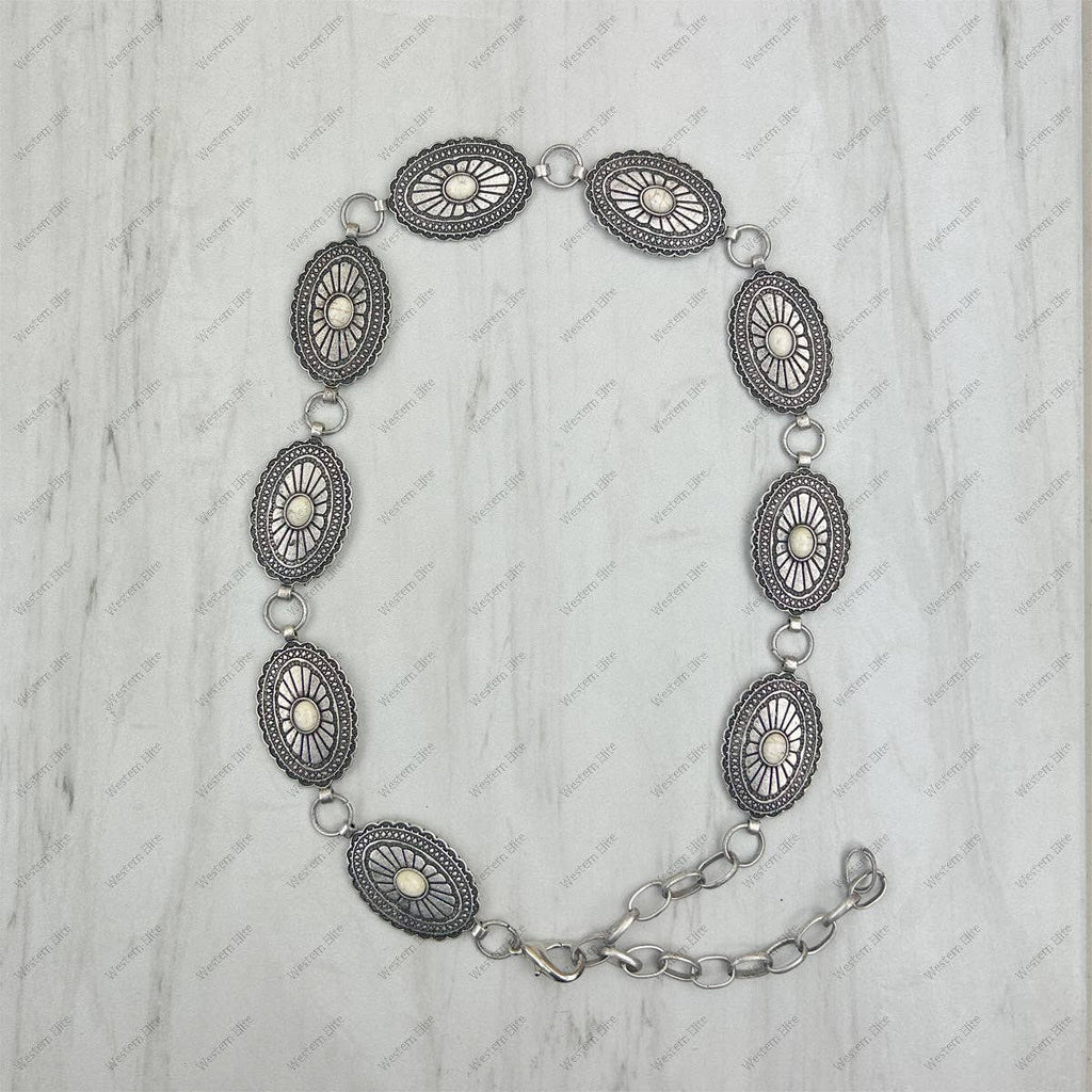 HATC030224-02                  silver oval metal with white stone hat decor chain.
