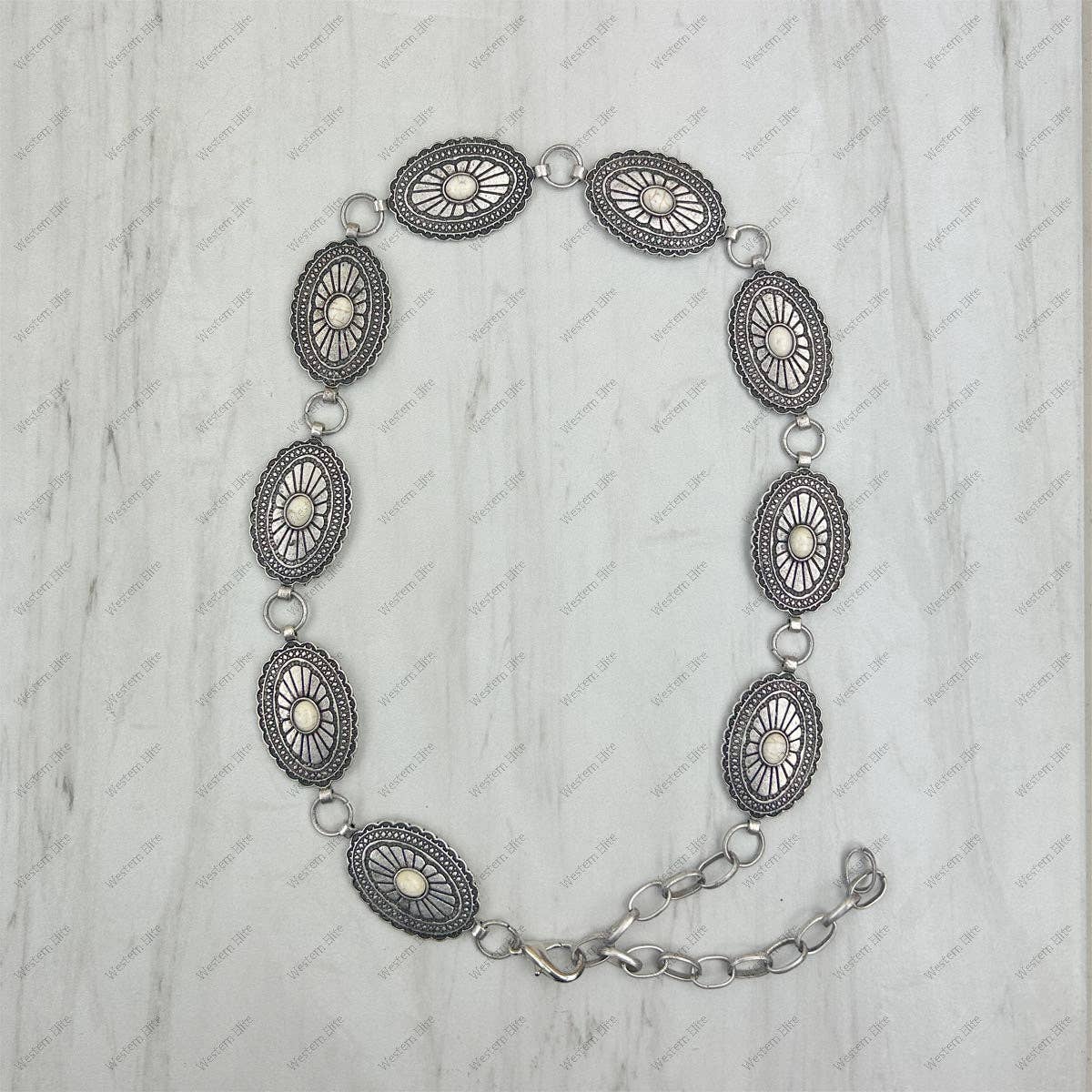 HATC030224-02                  silver oval metal with white stone hat decor chain.