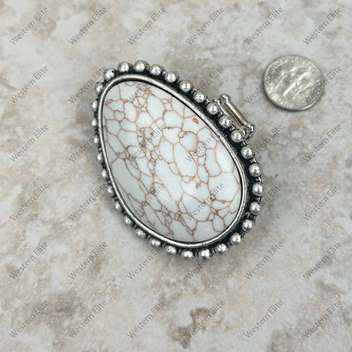 RGY230225-02-WHITE    Large Silver oval with white stone stretch Ring