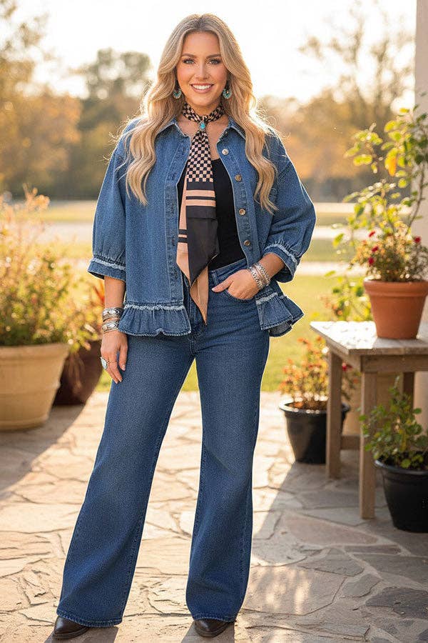 Western Denim Blue Ruffled Women's Boutique Coat XCH17579