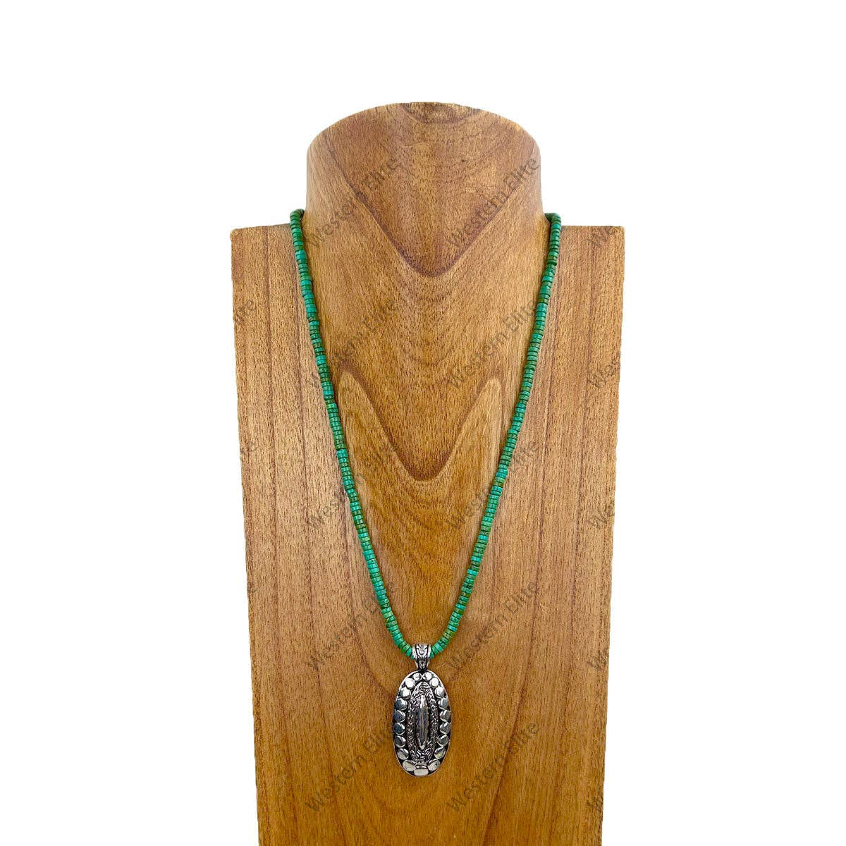 NKZ030524-55                  22 inches green heishi disc turquoise beads with metal oval concho Necklace