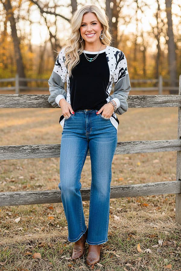 Western Cactus & dots & black women's boutique top BQ15021
