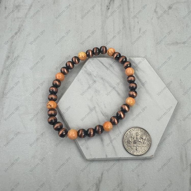 BR251228-45        6 mm copper Navajo pearl with orange turquoise stone beads stretch Bracelet