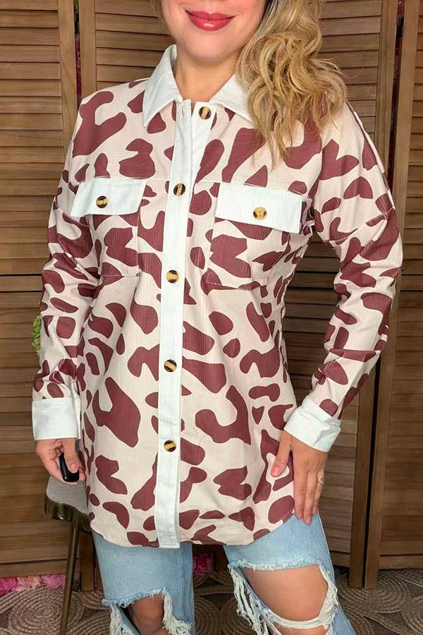 Western brown cow long sleeve womens boutique shirt GJQ14253
