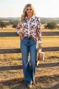 Western brown cow long sleeve womens boutique shirt GJQ14253