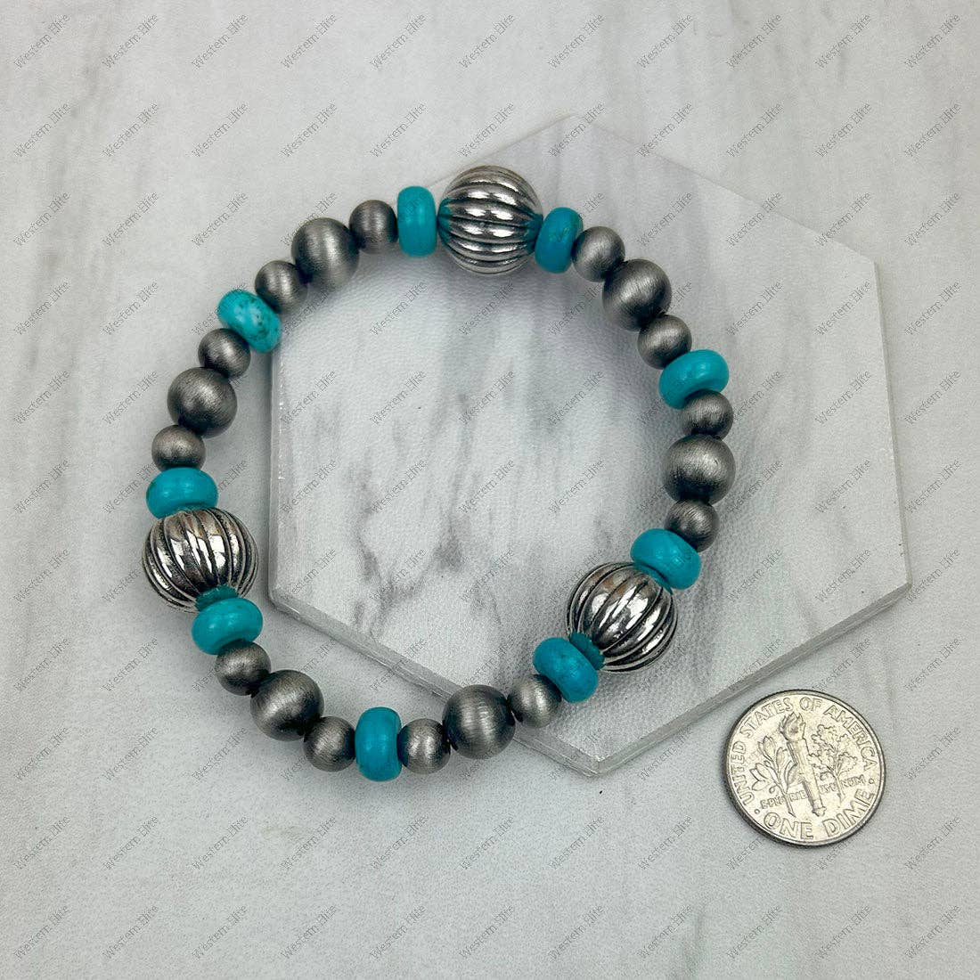 Silver Navajo pearl with blue roundel turquoise stone beads strength Bracelet